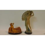 Two Art Deco ceramic painted nude flapper girls. One with a fan and the other lying on a bed with