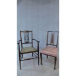 An Edwardian mahogany and satinwood strung open armchair and a similar dining chair. H.95cm