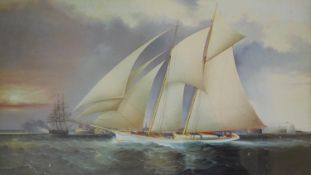 A framed and glazed 1970s print, the yacht Magic defending the America's cup of 1870, by James E.