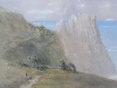 A framed and glazed 19th century watercolour, man walking dog by a cliff, by George Lothian Hall,