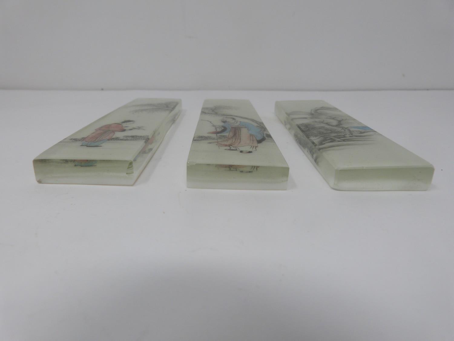 Three Qing dynasty Chinese reverse painted, opaque white glass backed bricks/scroll weights. - Image 2 of 6