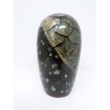 A Japanese Shiwan flambe glaze ovoid vase with stylised pine cone design. Potters stamp. Handwritten
