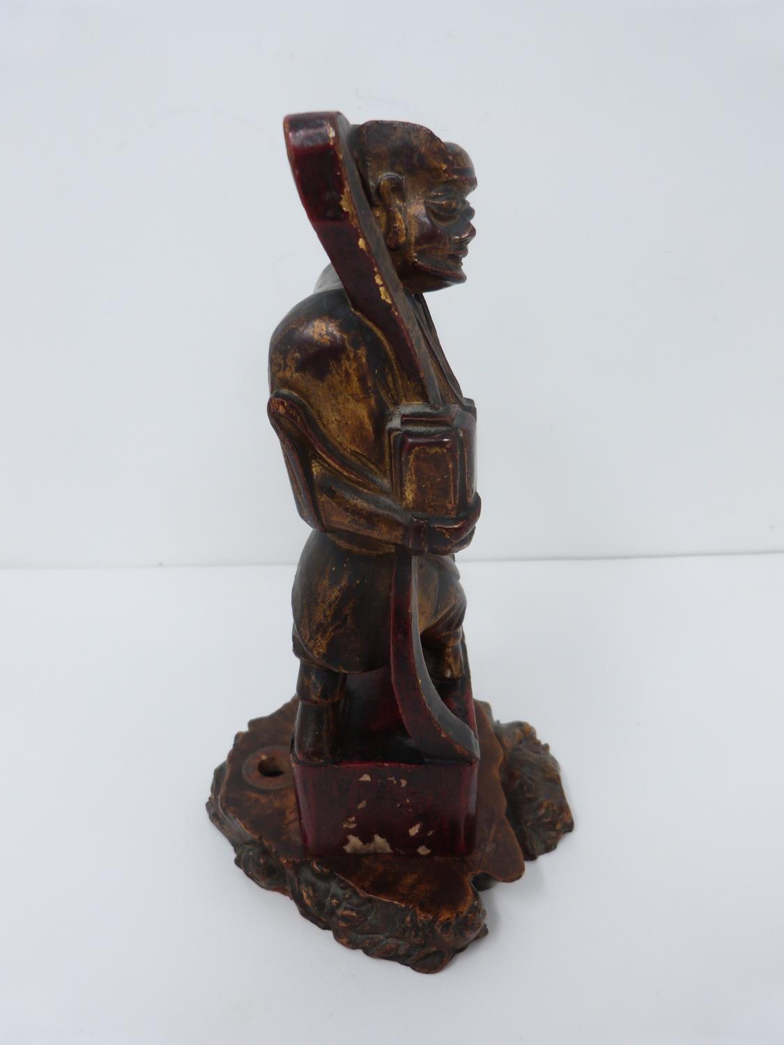 A Qing dynasty gilt red lacquer carved wooden guardian figure on square base. H22cm - Image 4 of 13