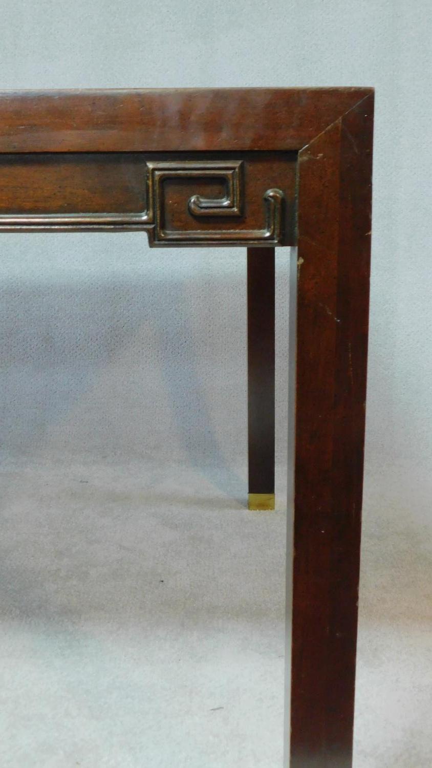 A Chinese hardwood extending dining table with parquetry top above carved frieze on square - Image 6 of 6