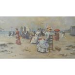 A contemporary gilt framed oil on canvas, A 19th century beach scene with seated figures in the