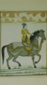 A 20th century framed and glazed Persian silk painting of a rider on horseback. 65x53cm
