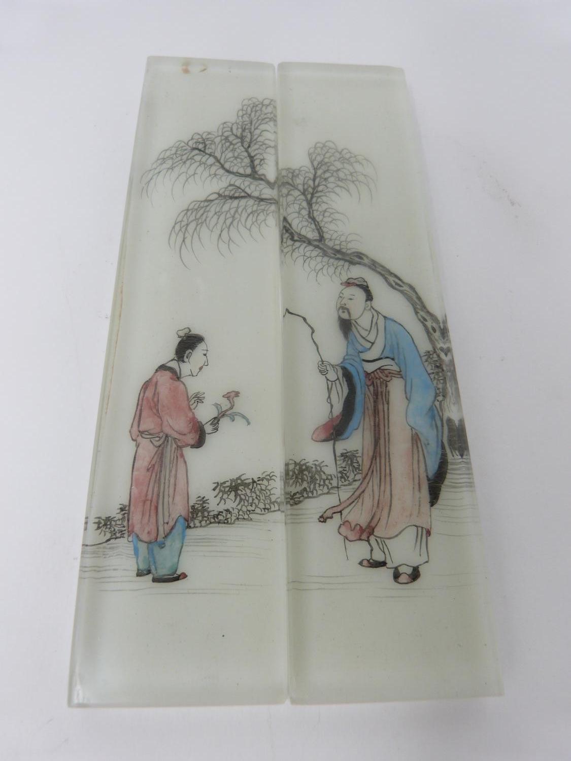 Three Qing dynasty Chinese reverse painted, opaque white glass backed bricks/scroll weights. - Image 5 of 6