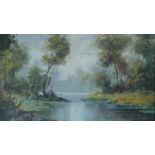 A gilt framed oil on canvas, river landscape, signed Mancini. 75x65cm