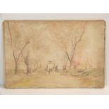 A 19th century Japanese watercolour on paper of figures in a cherry blossom avenue with an