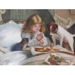 A framed oil on canvas, after Charles Burton Barber young girl saying grace at breakfast time