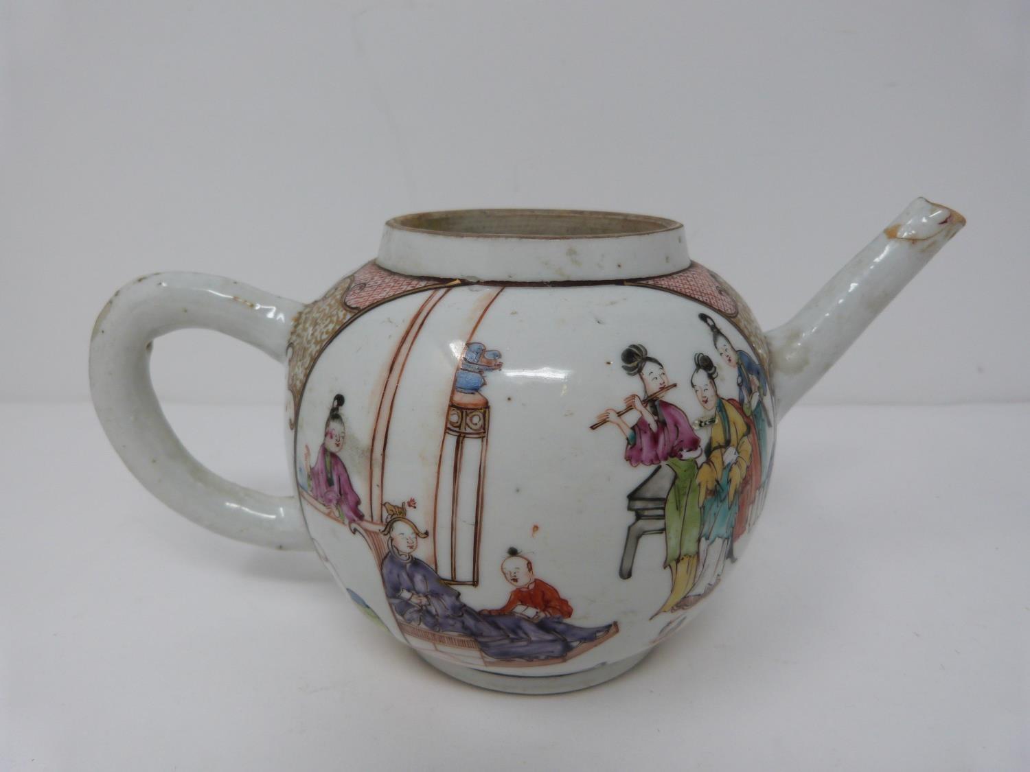 A late 18th century Chinese export wear porcelain teapot with painted figures and gilded floral