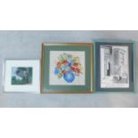 A framed and glazed floral tapestry, a print of a cartoon by Cookson and another print of a