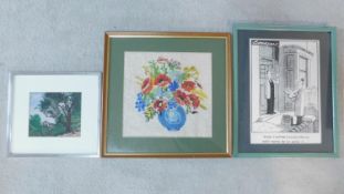 A framed and glazed floral tapestry, a print of a cartoon by Cookson and another print of a