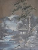 A framed 19th century Japanese oil on board, man on river bridge scene, unsigned. 45x36cm