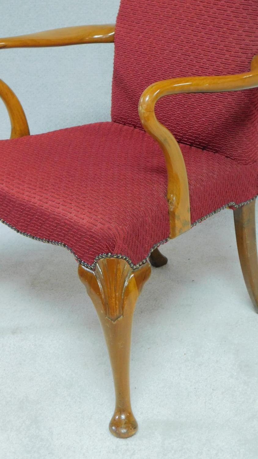 A pair of walnut framed Georgian style open armchairs in burgundy cut moquette upholstery on - Image 2 of 2