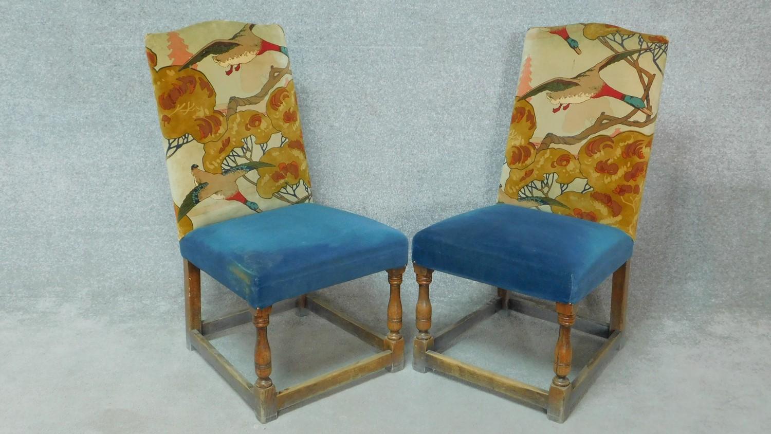 A set of twelve Jacobean style oak dining chairs in Arts and Crafts flying duck motif upholstery - Image 7 of 9