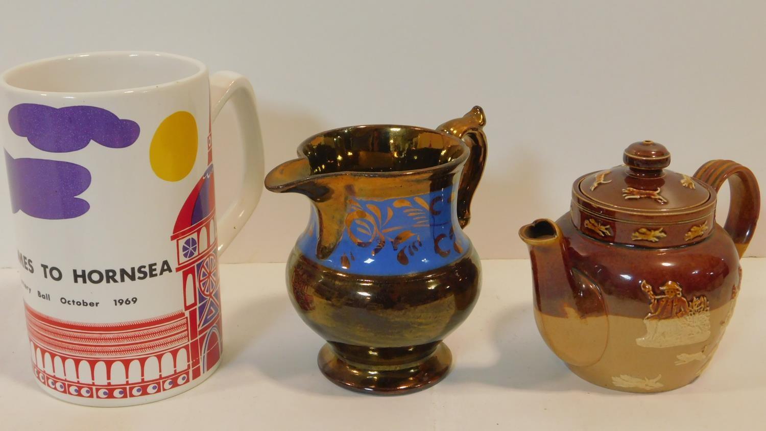 A collection of six antique and vintage jugs and tea pots. Inlcuding A Royal Doulton Lambeth Harvest - Image 2 of 3