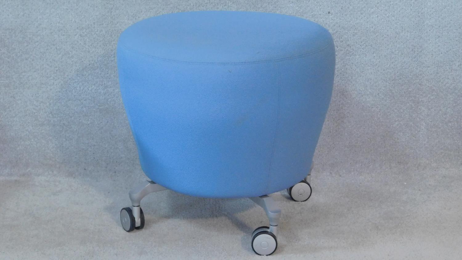 A pair of vintage style Orangebox stools in viridescent and sky blue upholstery on metal supports. - Image 2 of 6