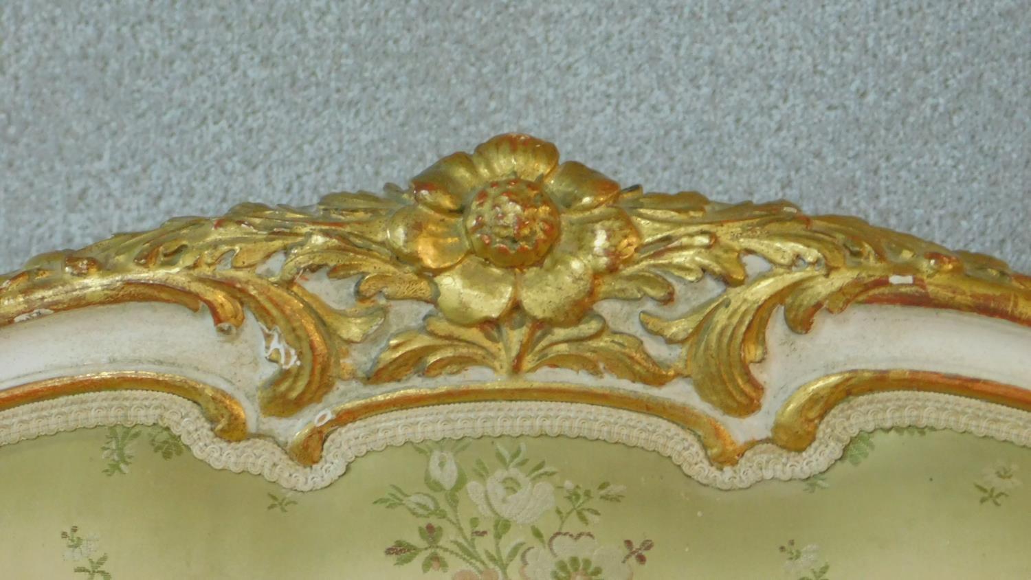 A mid century gilt and white painted bed head in floral damask resting on carved cabriole - Image 2 of 6
