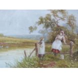 A framed and glazed watercolour, children by a pond, by Horace Hammond (British, 1842). 55x59cm