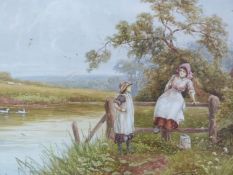 A framed and glazed watercolour, children by a pond, by Horace Hammond (British, 1842). 55x59cm