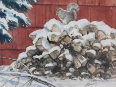 A framed and glazed watercolour, squirrel on a log pile in winter, signed H. Bowman. 52x62cm