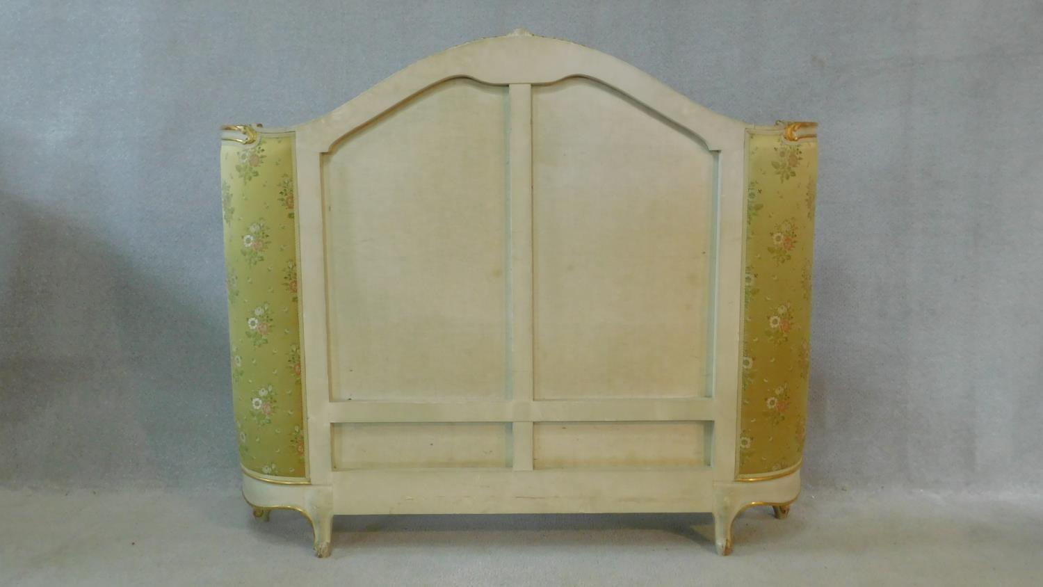 A mid century gilt and white painted bed head in floral damask resting on carved cabriole - Image 6 of 6