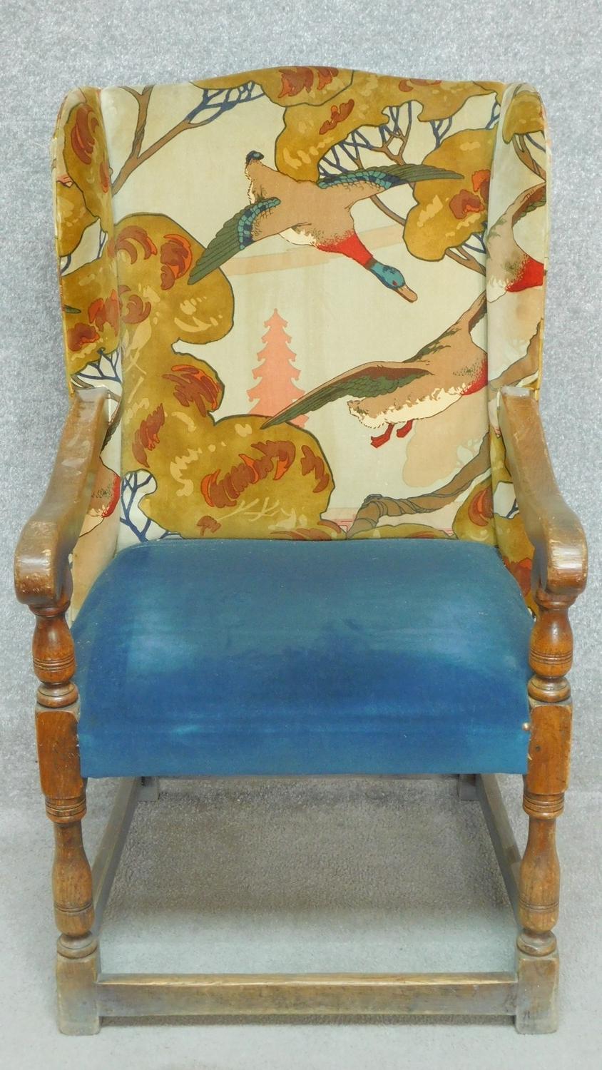 A set of twelve Jacobean style oak dining chairs in Arts and Crafts flying duck motif upholstery - Image 8 of 9