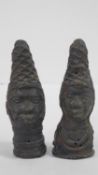 Two miniature Benin bronze heads of Queen of Ife. Sculpted with conical head dresses and neck rings.