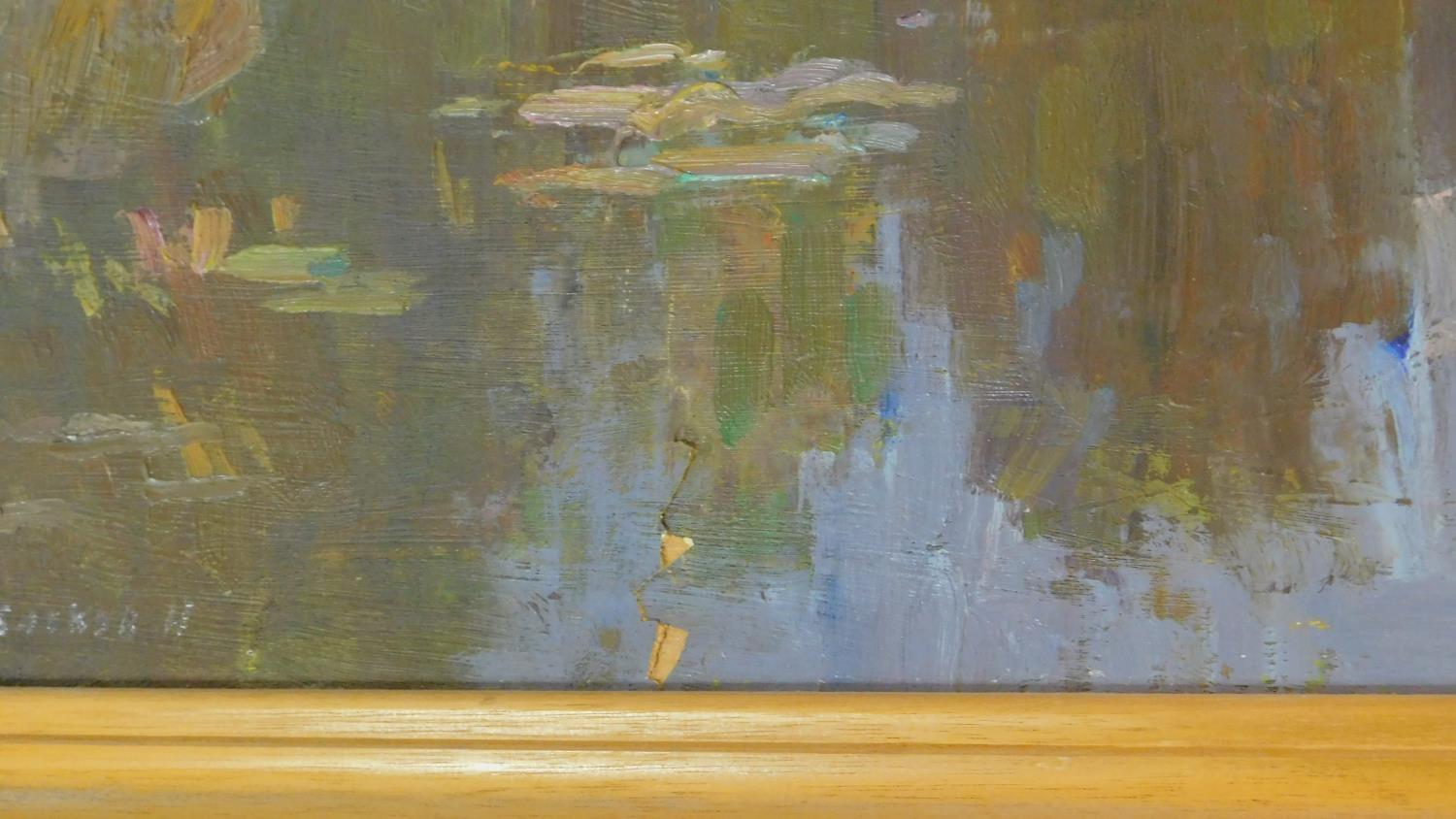 A framed oil on board, silver birches in a lakescape, signed in Russsian cyrillic, possibly N. - Image 5 of 6