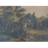 A 19th century framed and glazed watercolour, figures in a landscape with village in the distance,