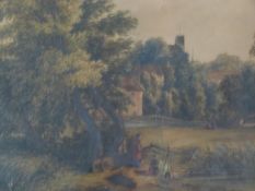 A 19th century framed and glazed watercolour, figures in a landscape with village in the distance,