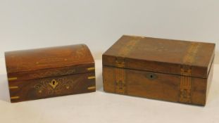 A 19th century Tunbridge inlaid walnut jewellery box and an Eastern brass inlaid domed top box. H.12