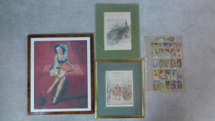 A collection of framed and glazed prints and cigarette cards. A framed and glazed print of a pin