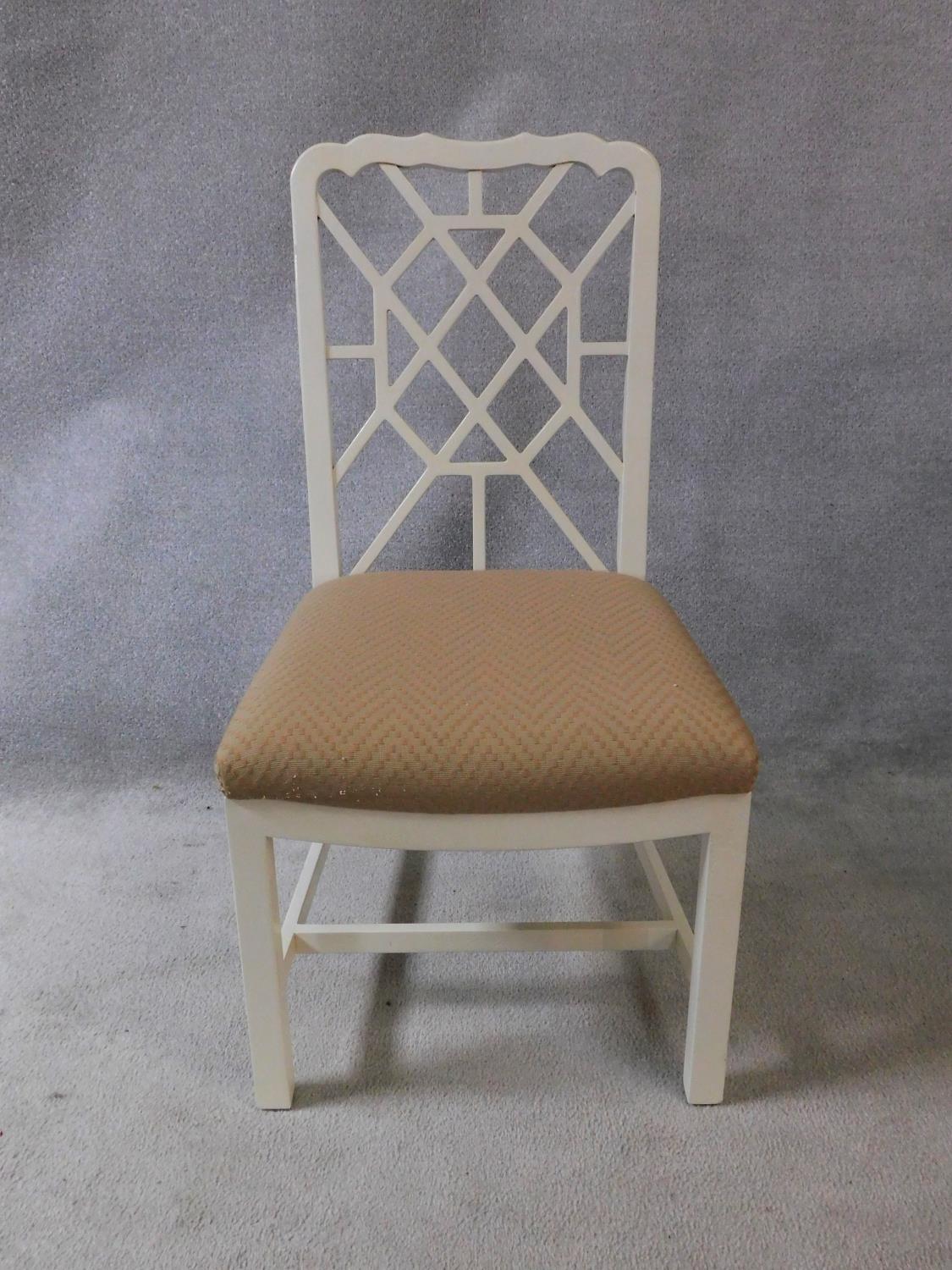 A set of eight white painted Chinese Chippendale style dining chairs with beige upholstered - Image 7 of 8