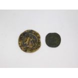 Two ancient coins. Including a yellow metal coin with a kneeling stag and lettering on the reverse