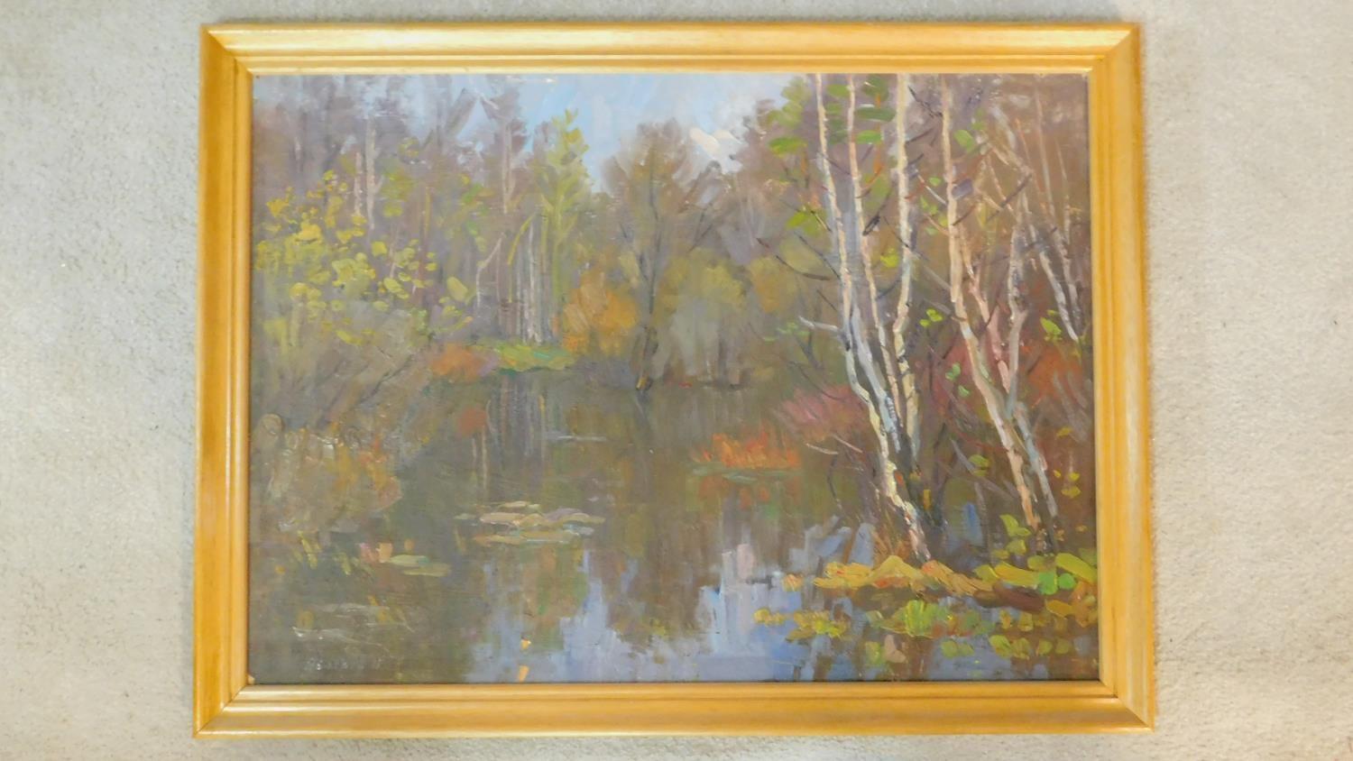 A framed oil on board, silver birches in a lakescape, signed in Russsian cyrillic, possibly N. - Image 2 of 6