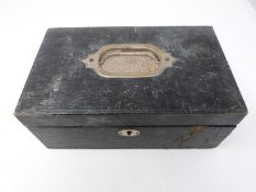 An antique silk lined leather effect jewellery box with a collection of antique and vintage