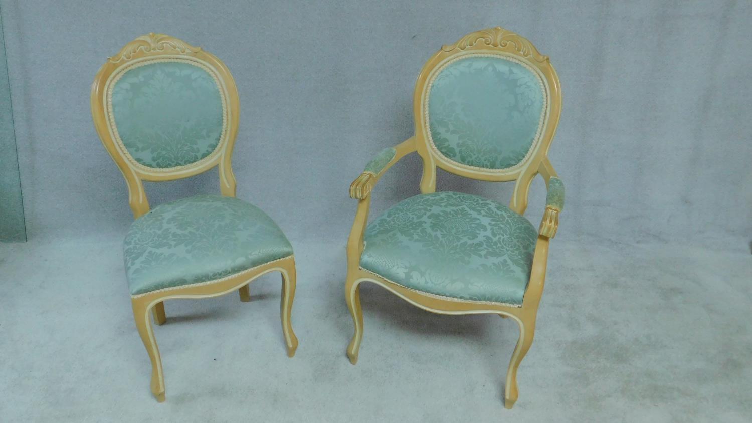 A set of six beech framed Louis XV style dining chairs with highlight to the frames in floral pale - Image 2 of 2