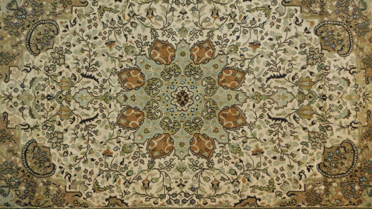 A silk Kashan rug with double medallions of scrolling flower and vine decoration on biscuit field - Image 2 of 4