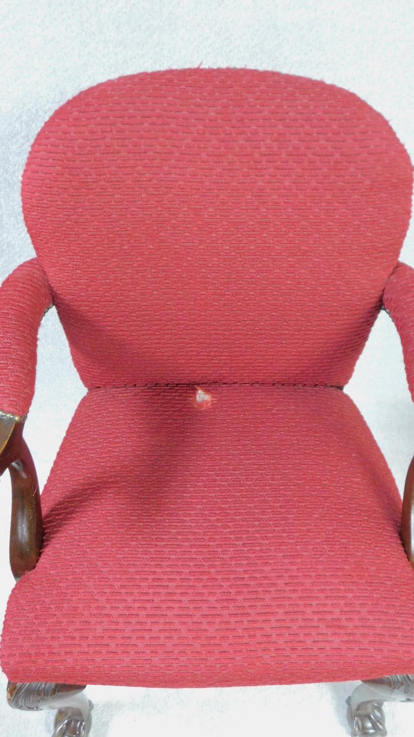 A set of six Georgian style mahogany open armchairs in burgundy cut moquette on carved cabriole - Image 4 of 6