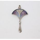 A Scottish silver and purple and blue enamel Art Nouveau style fan design drop pendant by Scottish
