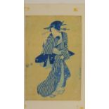 A Japanese wood block print of a lady in traditional clothing. Artsits gourd shaped seal mark 34x23.