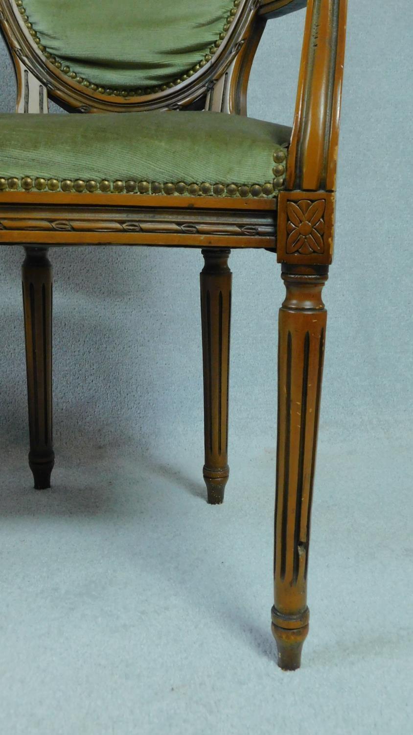 A set of ten Louis XVI style beech framed dining chairs in sage green velour upholstery, including - Image 3 of 4