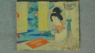 A Meji period Japanese hand coloured crepe paper book. Titled 'Ceremonial Japan' by Miss Dolly