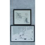 Two framed and glazed pen and black ink cartoon drawings, signed and inscribed. 41x29cm (largest)