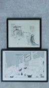 Two framed and glazed pen and black ink cartoon drawings, signed and inscribed. 41x29cm (largest)