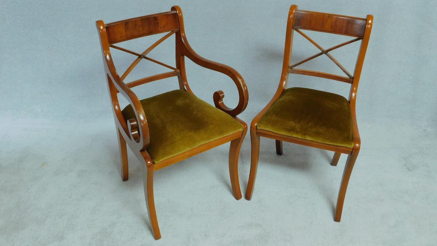 A set of six Regency style yew wood dining chairs with bar backs and drop in seats on sabre - Image 2 of 4