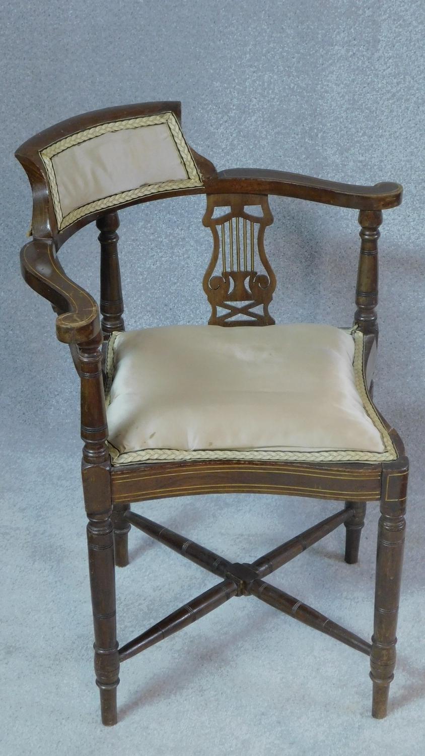 An Edwardian mahogany corner chair with lyre carved splats on turned stretchered supports. H.72cm - Image 2 of 7