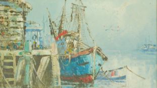 A gilt framed oil on canvas, fishing boat at a quay, signed Florence. 35x40cm